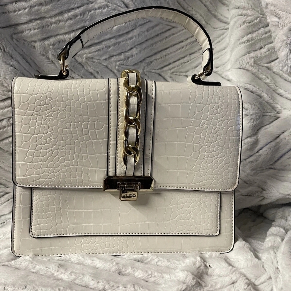 Aldo White Croc-Embossed Satchel with Gold Accents